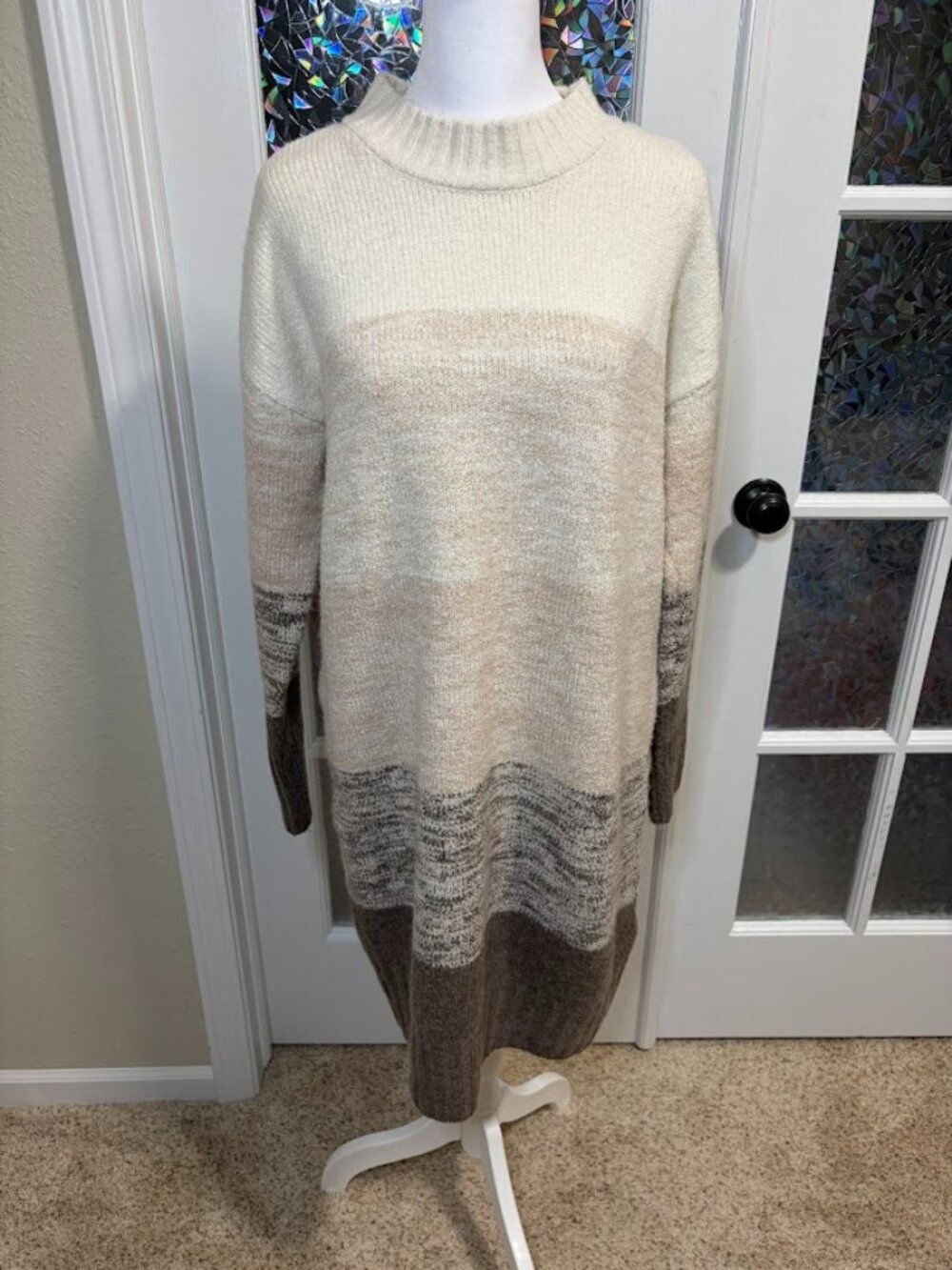 Lucky Brand Women’s Large Tan Brown Stripe Sweater Dress NWT